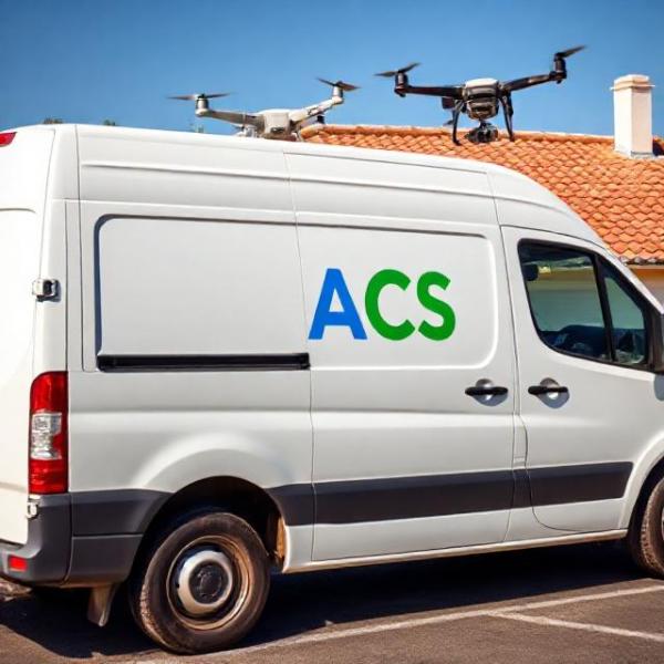 Generated: Step 3 quality-control scene with white van featuring large ACS monogram (A #0d99df, C #2ecc71, S #1f1f1f) at ~60% door width; operator away from van; drone hovering; Provence light; circular-crop friendly.